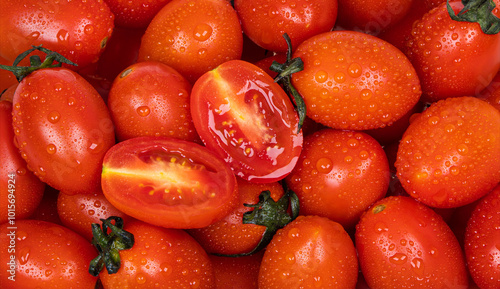 Close-up of fresh cherry tomatoes. Solanum lycopersicum var. cerasiforme photo