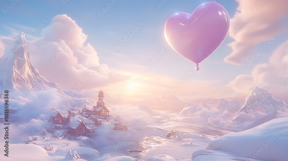 Obraz premium A whimsical scene featuring a pink heart balloon floating over a serene snowy landscape at sunrise, creating a dreamy atmosphere.