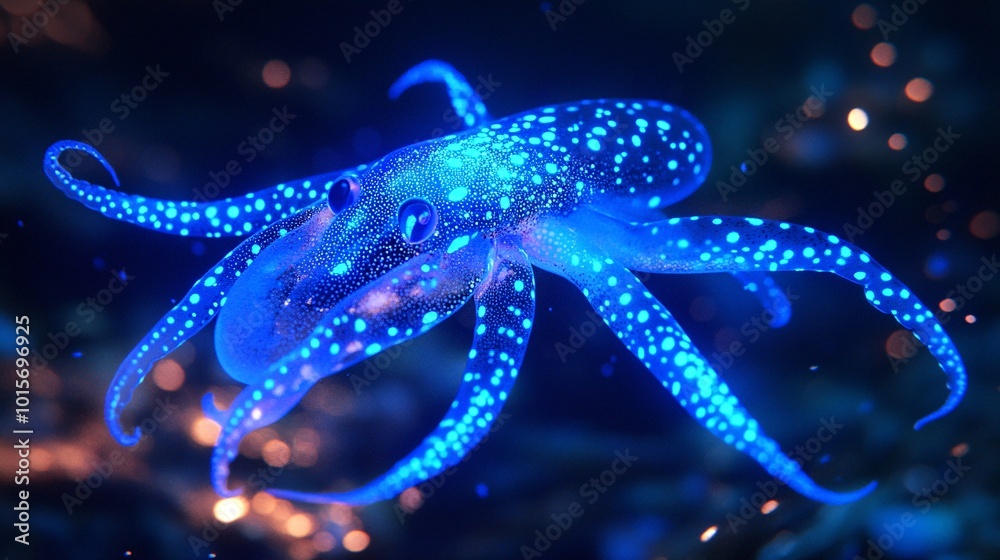 Obraz premium Blue Bioluminescent Squid Illuminates the Deep Sea