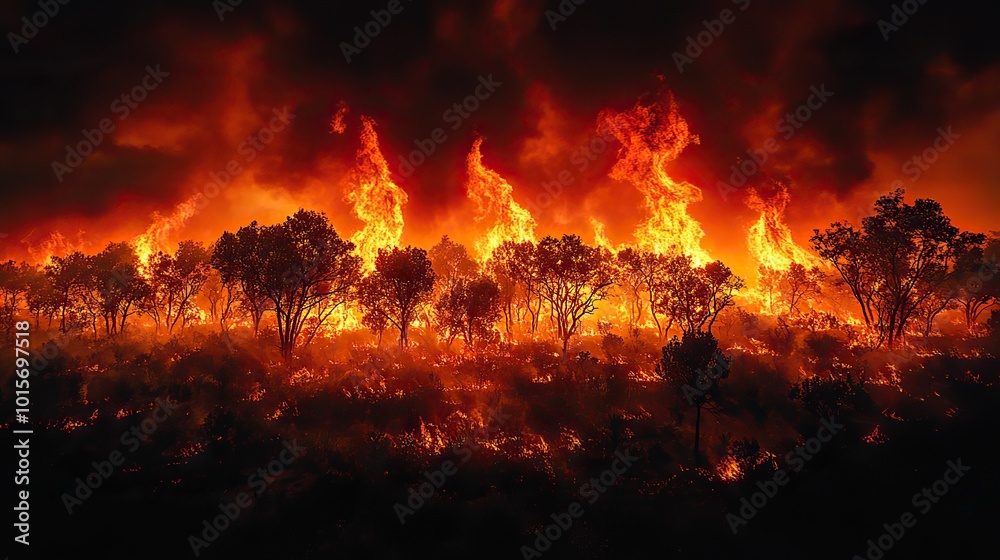 A raging forest fire captures the destruction caused by wildfires, emphasizing the need for environmental protection. A raging forest fire captures the destruction caused by wildfires, emphasizing the need for environmental protection.