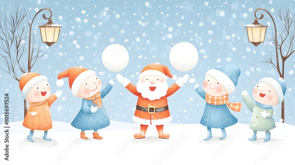 A cheerful winter scene featuring Santa Claus and four children joyfully playing in the snow, throwing snowballs amidst a festive, snowy background. A cheerful winter scene featuring Santa Claus and four children joyfully playing in the snow, throwing snowballs amidst a festive, snowy background.