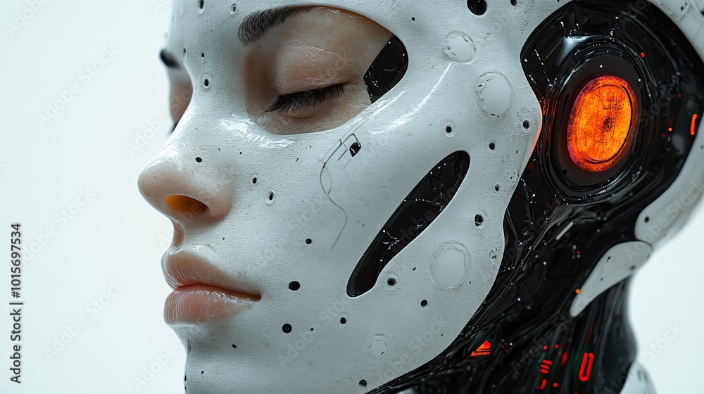 Naklejka premium A realistic depiction of a male exoskeleton cyborg face, isolated on a white background, representing sci-fi and technology themes.