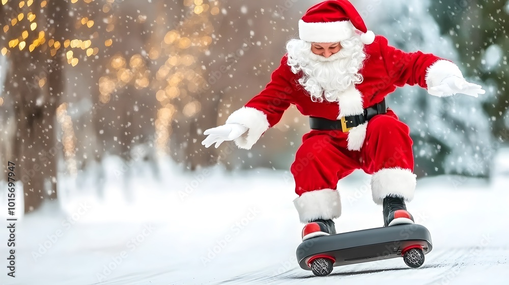 A playful Santa Claus skateboards through a snowy landscape, embodying festive cheer and holiday spirit amidst twinkling lights. A playful Santa Claus skateboards through a snowy landscape, embodying festive cheer and holiday spirit amidst twinkling lights.