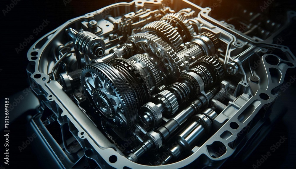 Close-up of a sleek, modern automatic transmission with a complex array of gears, wires and hydraulic lines, illuminated by soft lighting Close-up of a sleek, modern automatic transmission with a complex array of gears, wires and hydraulic lines, illuminated by soft lighting