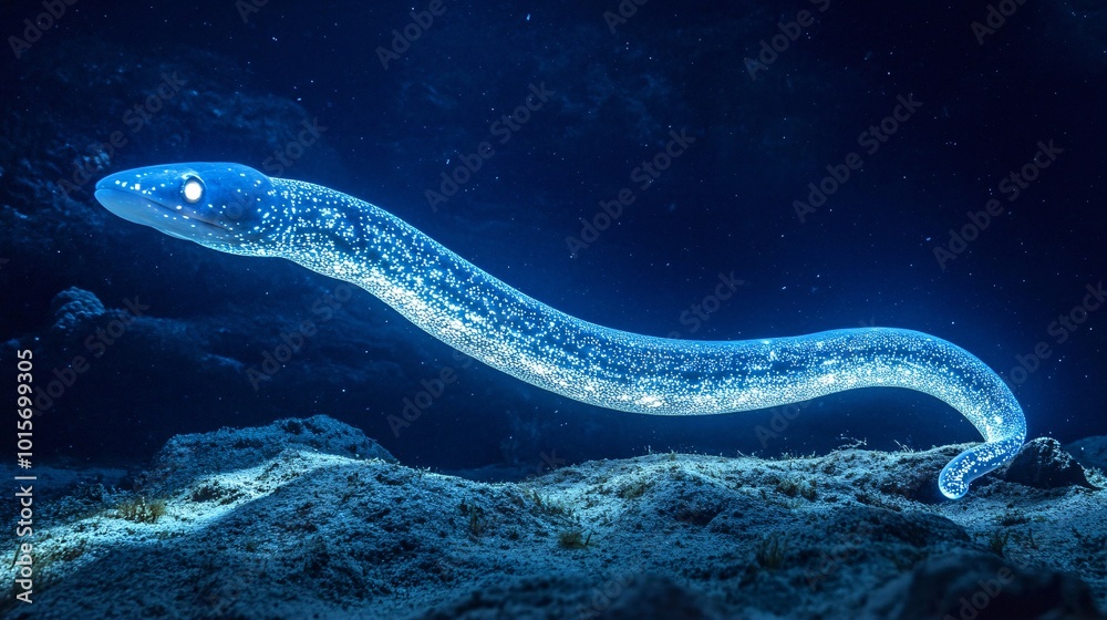 Glowing Cusk Eel Swimming in the Deep Sea Glowing Cusk Eel Swimming in the Deep Sea