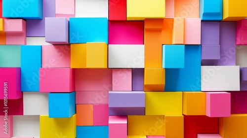 A colorful array of stacked cubes in various bright hues forms a playful and vibrant wall design. The multicolored composition brings a lively and creative energy to the scene, perfect for modern