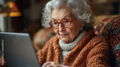 A scene of an elderly woman working from home on her laptop, capturing the adaptability of technology across generations.