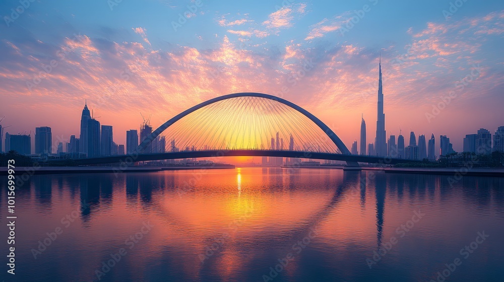 Obraz premium A modern arch bridge over a calm body of water with a cityscape and a sunrise in the background.