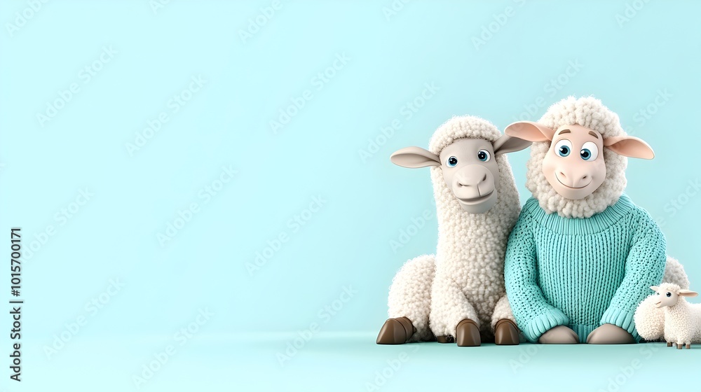 Cartoon Nativity Animals and Knitted Sweater on Mint Green Background Cartoon Nativity Animals and Knitted Sweater on Mint Green Background
