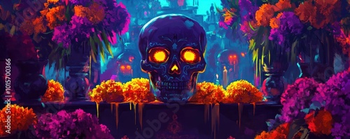 A vibrant and eerie skull surrounded by colorful flowers and mystical elements, perfect for Halloween or fantasy themes.