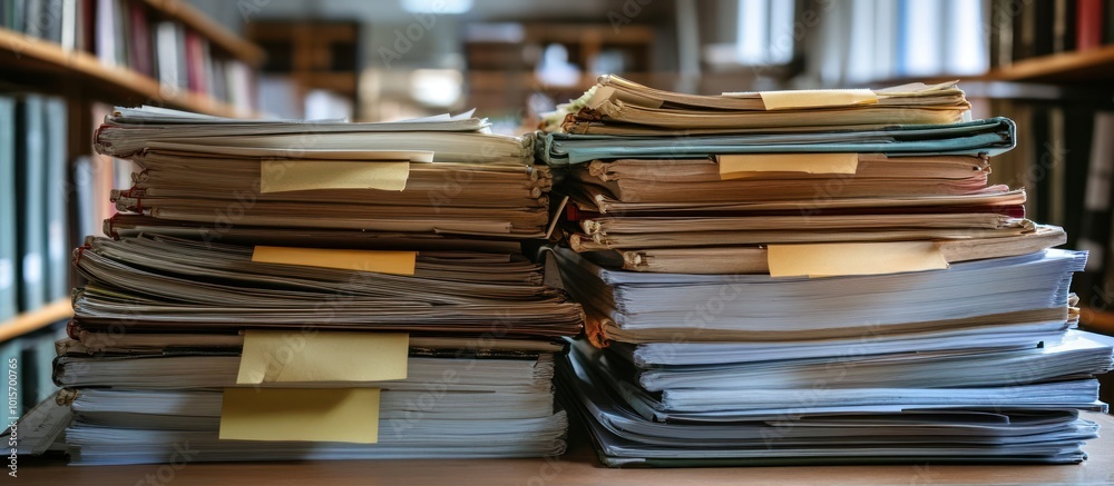 Fototapeta premium A close-up view of two large stacks of papers with yellow sticky notes on them. The papers are stacked neatly on a wooden table with a blurry bookshelf in the background.