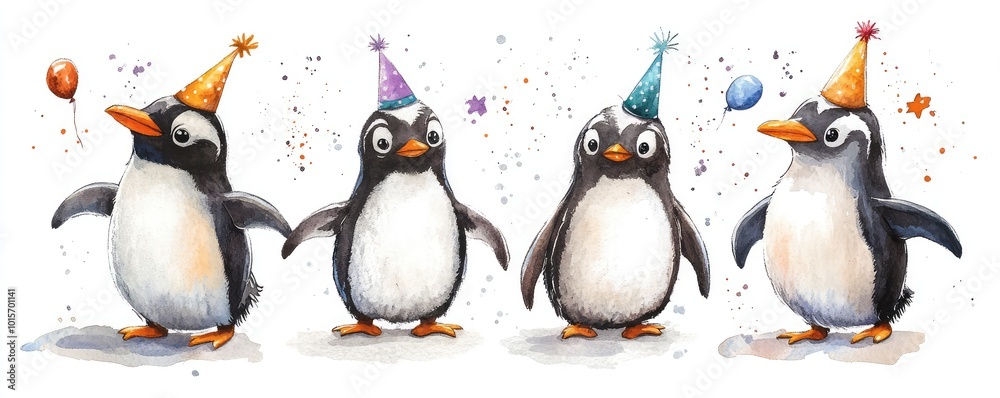 Fototapeta premium Playful Penguins Celebrating with Party Hats