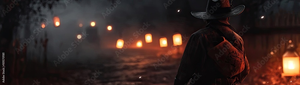 A mysterious figure walks along a dimly lit path, surrounded by glowing lanterns in an enchanting night setting. A mysterious figure walks along a dimly lit path, surrounded by glowing lanterns in an enchanting night setting.