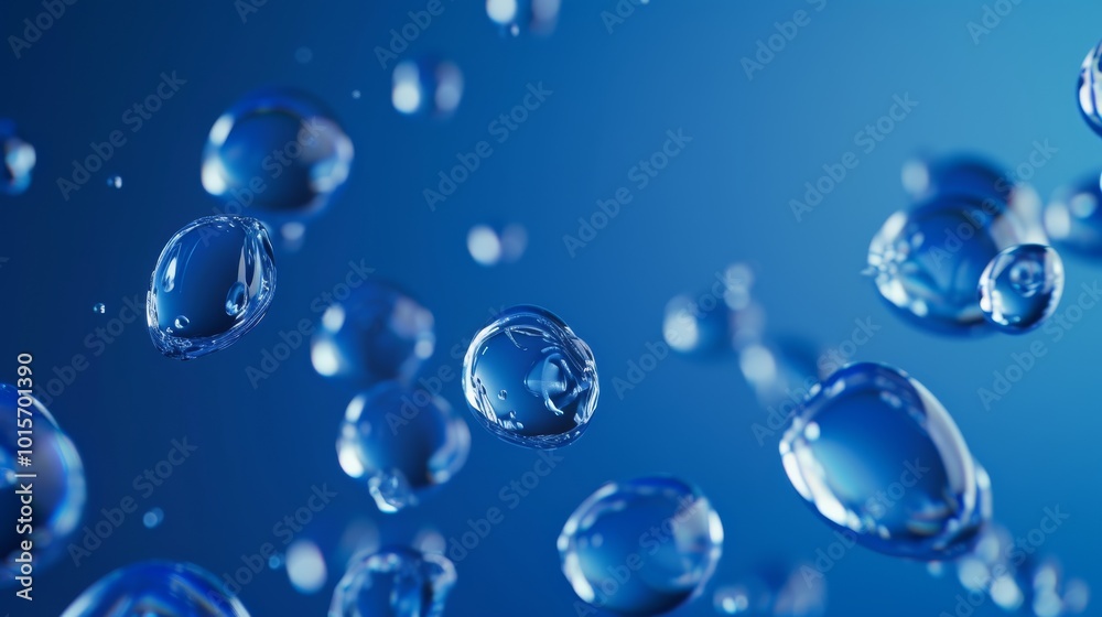 A macro shot capturing numerous transparent bubbles floating against a vivid blue background. The soft lighting and reflective surface of the bubbles emphasize a serene and calm atmosphere, perfect A macro shot capturing numerous transparent bubbles floating against a vivid blue background. The soft lighting and reflective surface of the bubbles emphasize a serene and calm atmosphere, perfect
