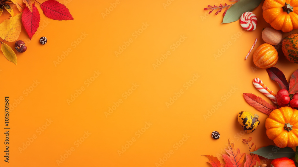 Fototapeta premium Autumn leaves, gourds, and candy canes arranged on a bright orange background, creating a festive fall scene.