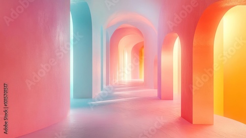 a long hallway with bright colored walls and arches