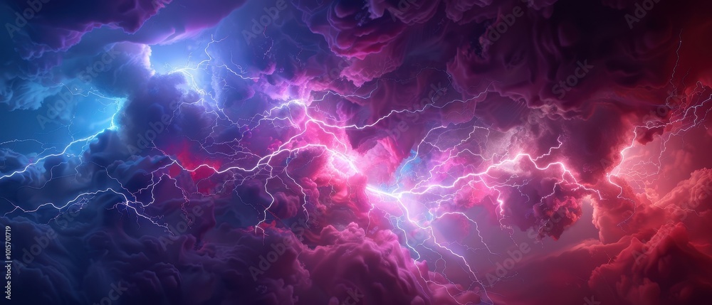 Obraz premium Cosmic Light Storm, a vibrant digital artwork showcasing an electrifying storm of colors, swirling currents of red, pink, and blue in an ethereal cosmic setting.