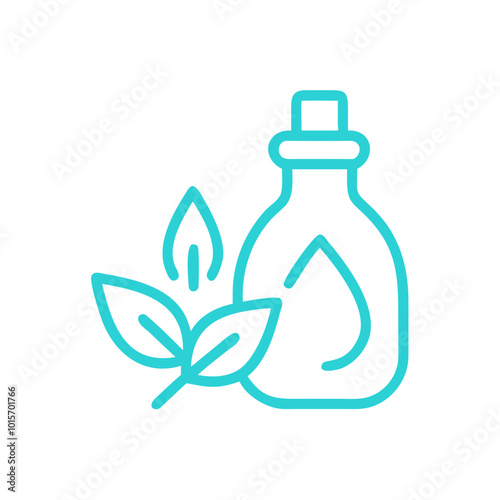 Vector icon of healing essential oils bottle with leaves in turquoise color on a clean background
