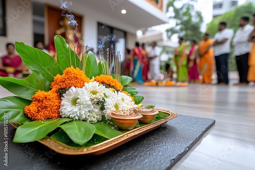 Realistic scene of a community gathering for the Dussehra puja, with flowers, incense, and offerings placed before a deity photo