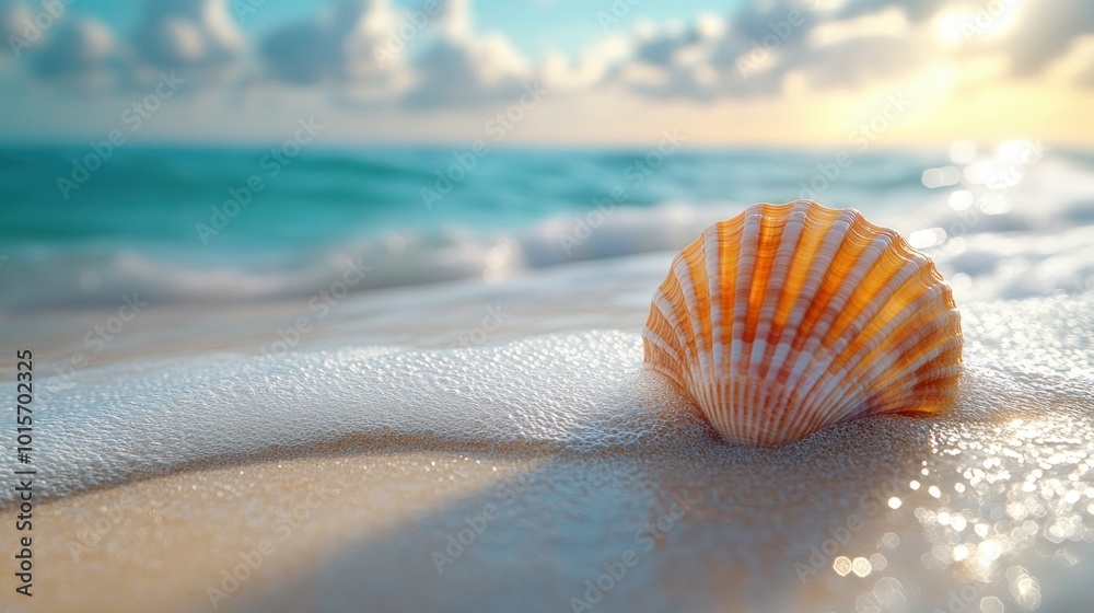 A seashell rests on a sandy beach with gentle waves nearby. A seashell rests on a sandy beach with gentle waves nearby.