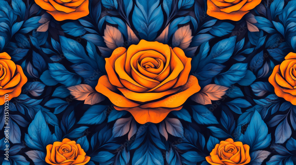 Vibrant orange roses stand out against a backdrop of deep blue leaves in this artistic floral illustration. Vibrant orange roses stand out against a backdrop of deep blue leaves in this artistic floral illustration.