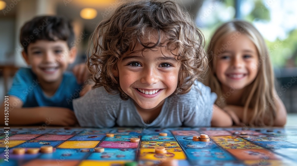 Children enjoying a board game together, smiling and engaged. Children enjoying a board game together, smiling and engaged.