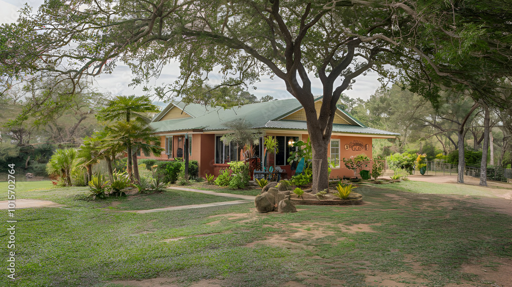 a beautifully landscaped front yard with lush green grass, flower beds, and a charming small house surrounded by trees The house has a cozy, welcoming appearance with a white exterior, potted plants a beautifully landscaped front yard with lush green grass, flower beds, and a charming small house surrounded by trees The house has a cozy, welcoming appearance with a white exterior, potted plants