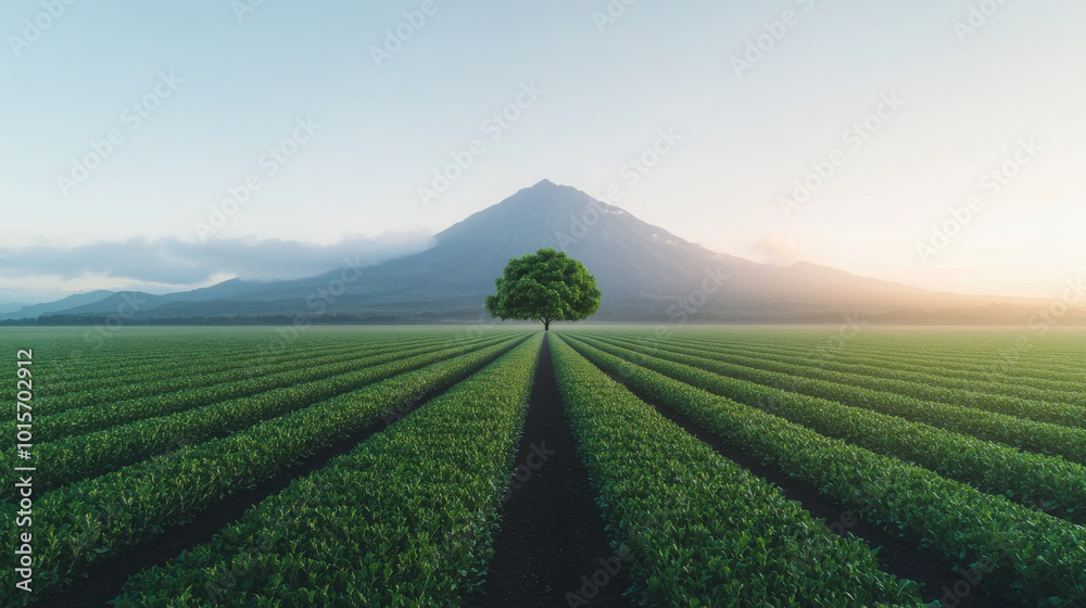 A single tree stands tall in a field of green crops with a mountain in the background. A single tree stands tall in a field of green crops with a mountain in the background.