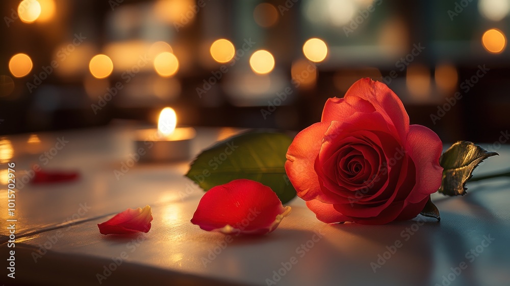 A romantic setting with a rose and candlelight ambiance. A romantic setting with a rose and candlelight ambiance.