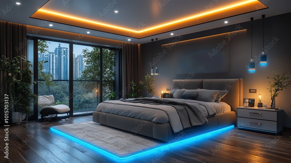 Fototapeta premium A smart bedroom interior equipped with technology, maintaining modern connectivity.