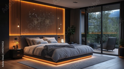 A smart bedroom interior equipped with technology, maintaining modern connectivity.