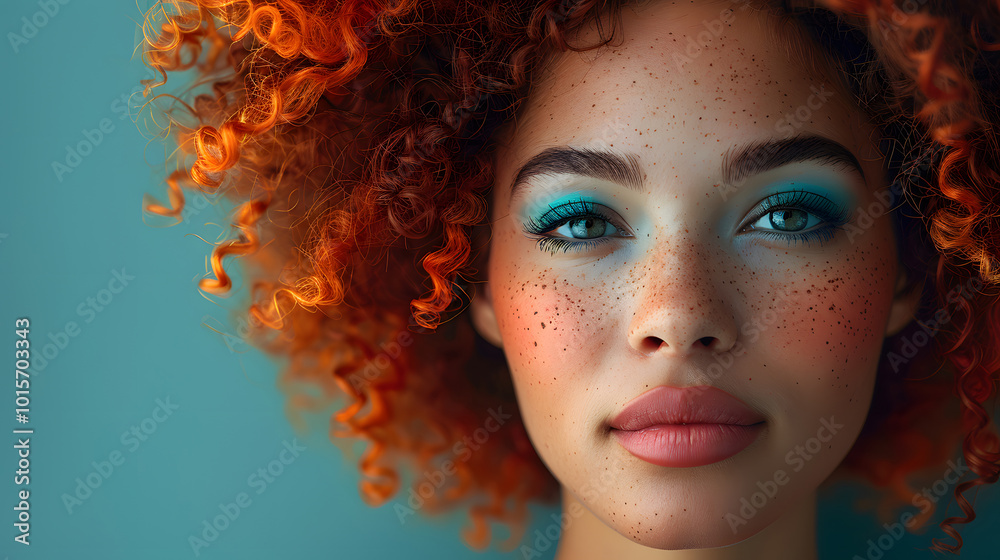 Close-up portrait of a woman with vibrant curly red hair, freckles, and bold blue eye makeup, expressing a unique, confident style