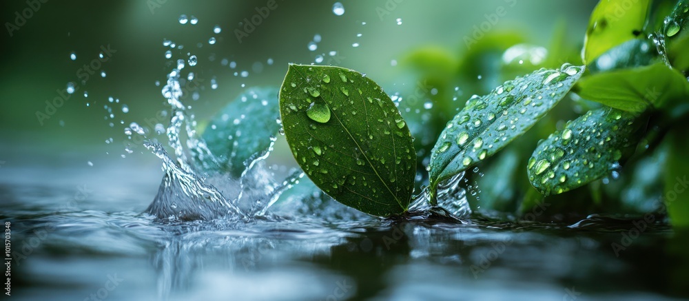 Close up of water droplets on a green leaf, the leaf is submerged in a stream of water with water splashing around it.