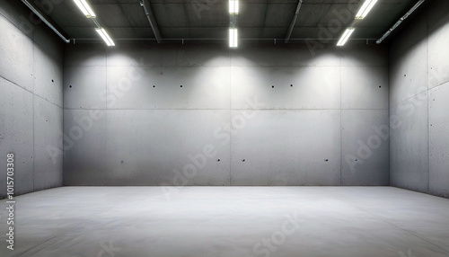 A stark, minimalist concrete room, bathed in the cool light of overhead fluorescent fixtures. The empty space evokes a sense of quiet contemplation and potential.