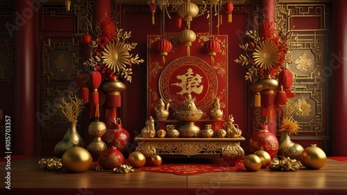 Red and gold Chinese New Year decorations with traditional lanterns, calligraphy, and vases on a wooden floor.