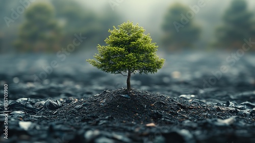 A solitary pine tree grows amidst a pile of plastic waste, symbolizing the resilience of nature even in the face of human-made pollution.