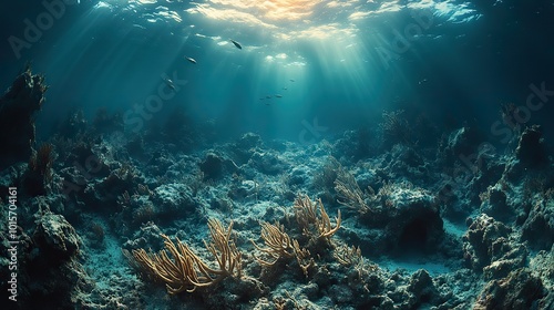 A sorrowful underwater scene shows a once-vibrant reef now lifeless, with fish swimming through the decaying staghorn coral structure, a reminder of marine ecosystem collapse.