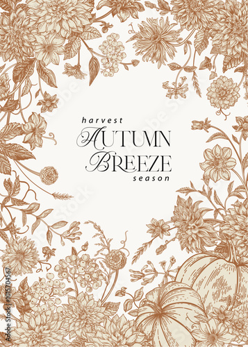 Vintage floral frame.  Autumn flowers.  Engraving style.
