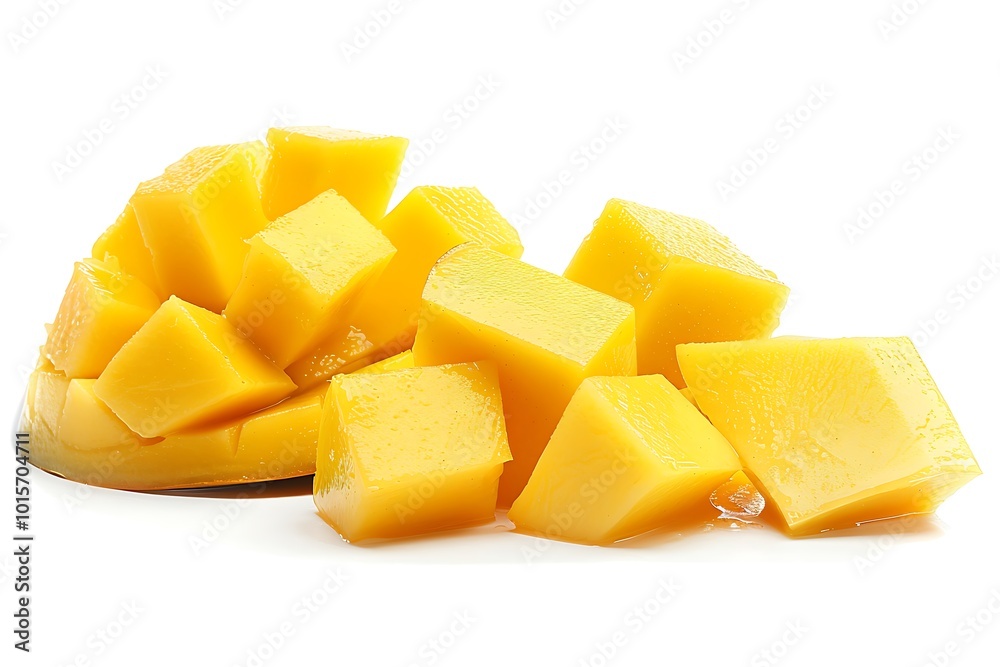 Yellow mango and mango slice with cubes isolated on white background Yellow mango and mango slice with cubes isolated on white background
