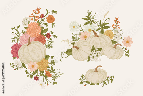 Set with three pumpkin arrangements. Floral composition. Vintage. Pastel colors.