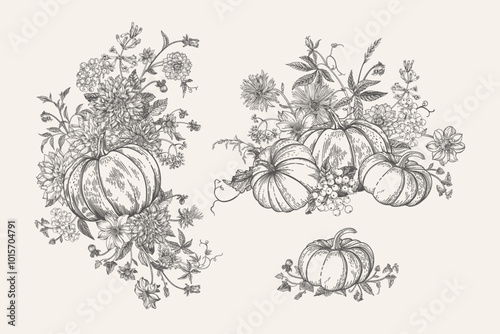 Pumpkin and flower set. Floral arrangements. Engraving style. Black and white.