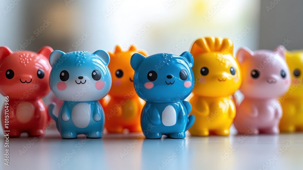 Colorful toy animals lined up, showcasing playful designs. Colorful toy animals lined up, showcasing playful designs.