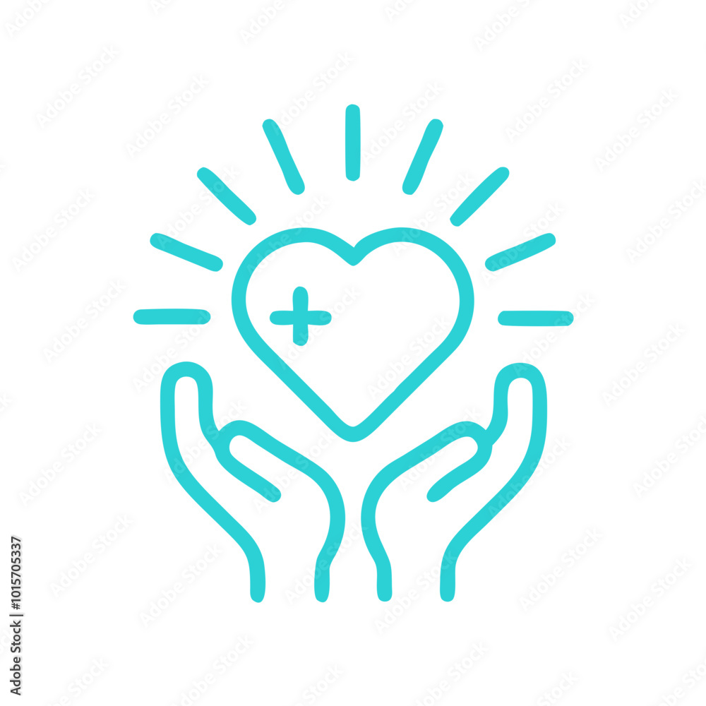 Vector icon of healing light with hands holding a heart in turquoise color on a clean background
Vector icon of healing light with hands holding a heart in turquoise color on a clean background