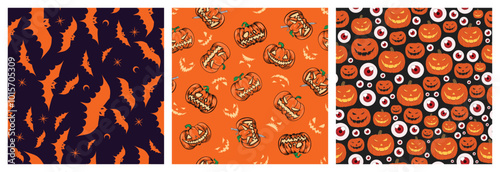 set seamless pattern of pumpkin head lights, eye, bat on black and orange background. lantern in Halloween party celebration. vector