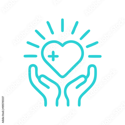 Vector icon of healing light with hands holding a heart in turquoise color on a clean background
