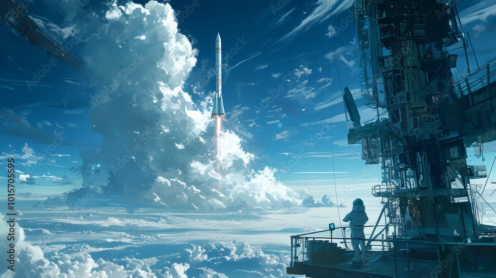 Fototapeta premium A dynamic image of a rocket launch representing advancements in space science with scientists monitoring the event