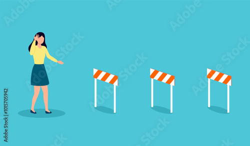 Businesswoman thinks over how to overcome obstacles on the way to business success. Hurdle on way concept. Overcome obstacles. Business competition.