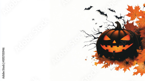 A spooky jack-o-lantern with a glowing smile, surrounded by bats, spiders and autumn leaves on a white background.