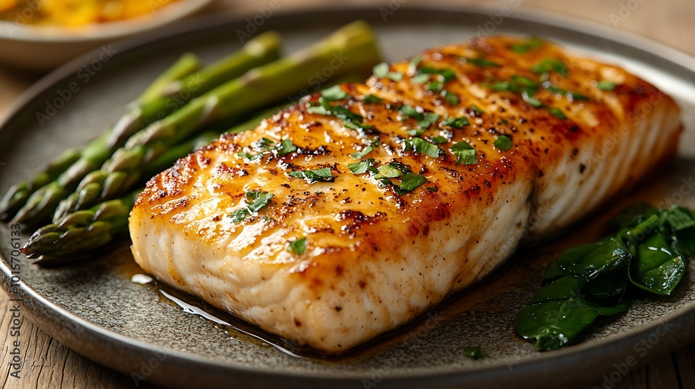 Pan-seared fish fillet with asparagus and spinach on a plate. Pan-seared fish fillet with asparagus and spinach on a plate.