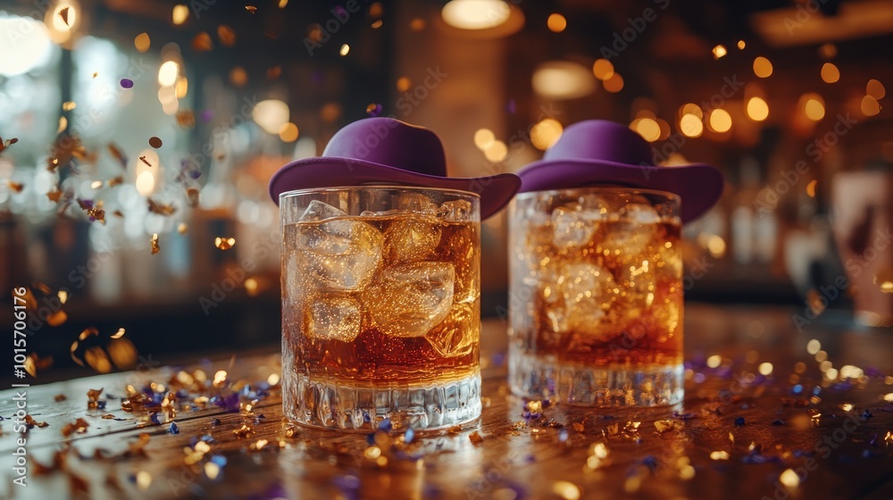 Two cocktails with ice and purple hats on a festive table. Two cocktails with ice and purple hats on a festive table.